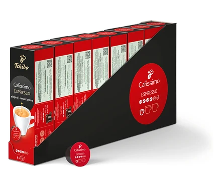 Balení kapslí espressa Cafissimo elegant. Balení je červeno-černé a obsahuje 80 kapslí.