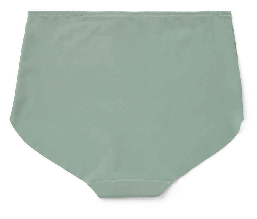 Světle zelené dámské kalhotky na bílém pozadí.