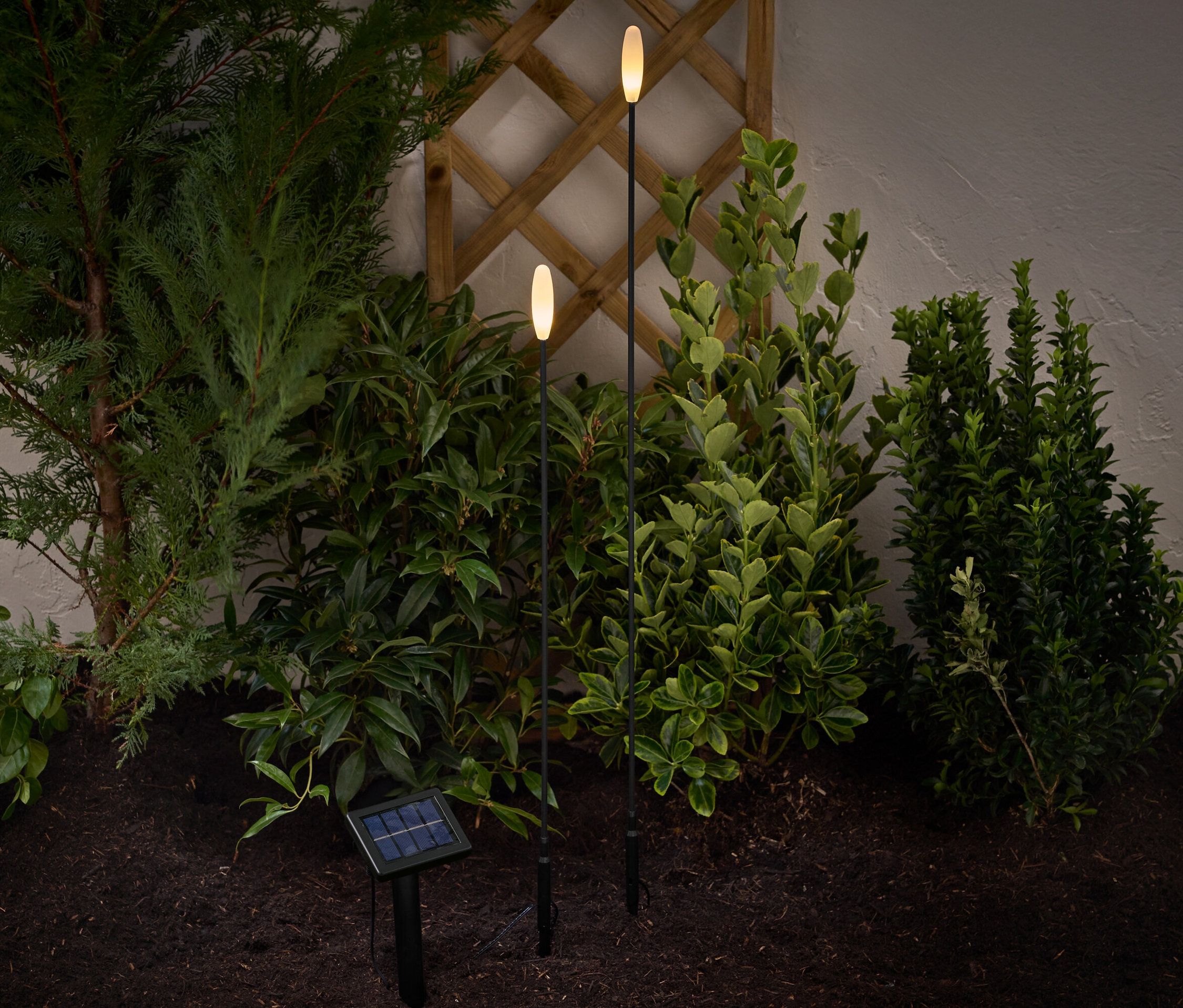 Dva solární zápichy s LED svítí v zahradě mezi rostlinami.