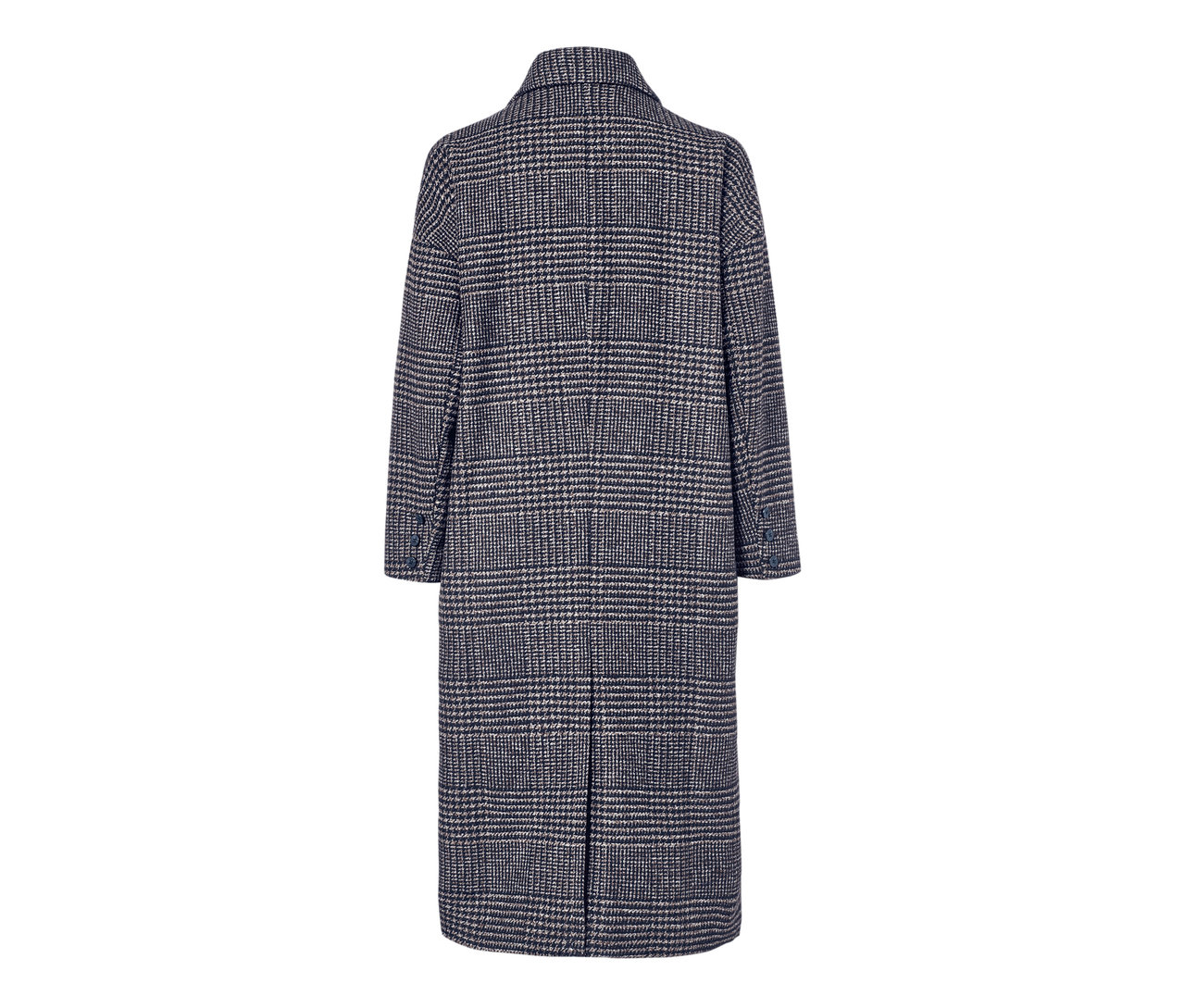Detail zadní strany kostkovaného kabátu z vlněné směsi.