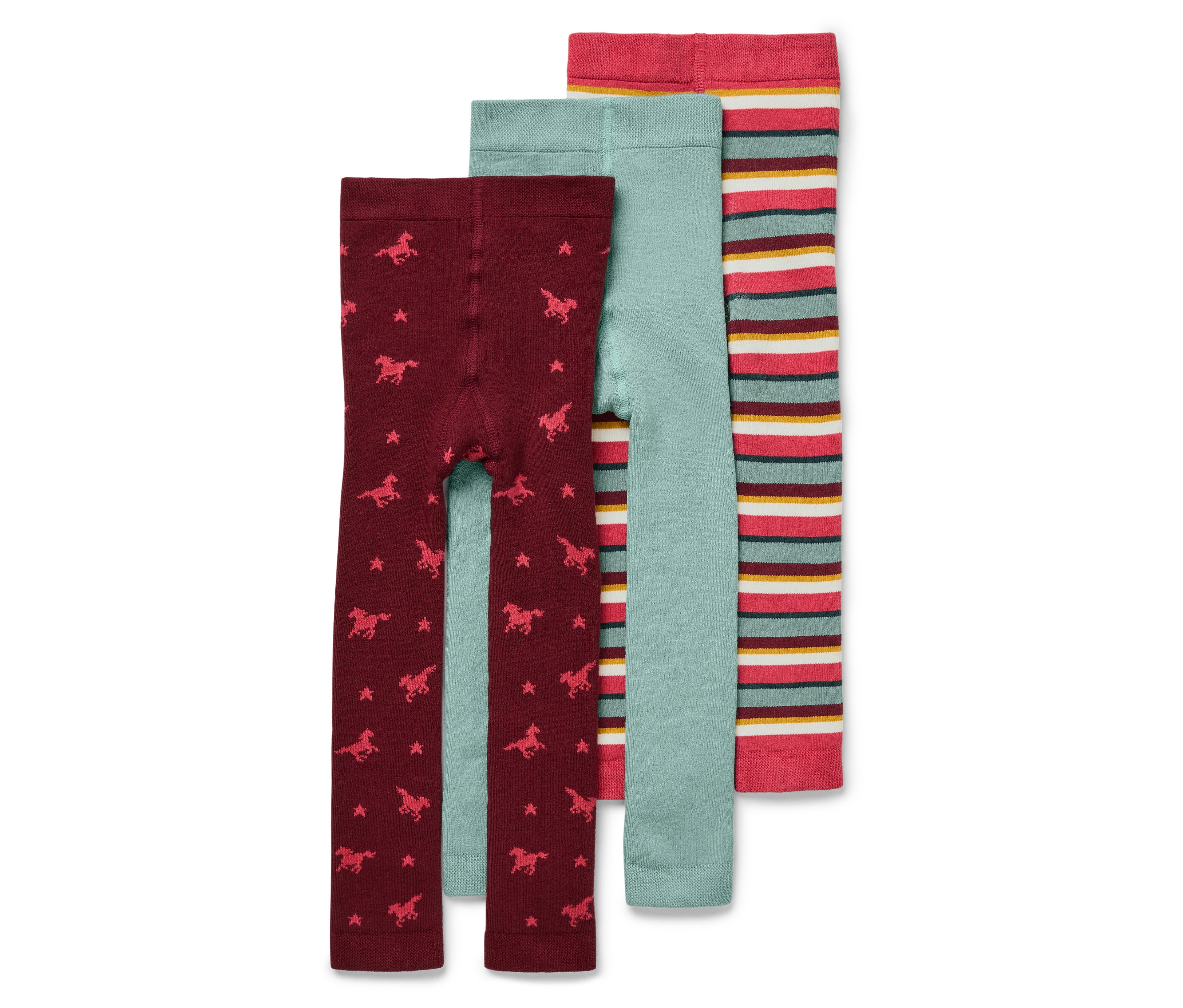 Tři dětské legíny: bordó s hvězdami a koňmi, světle modré a pruhované.