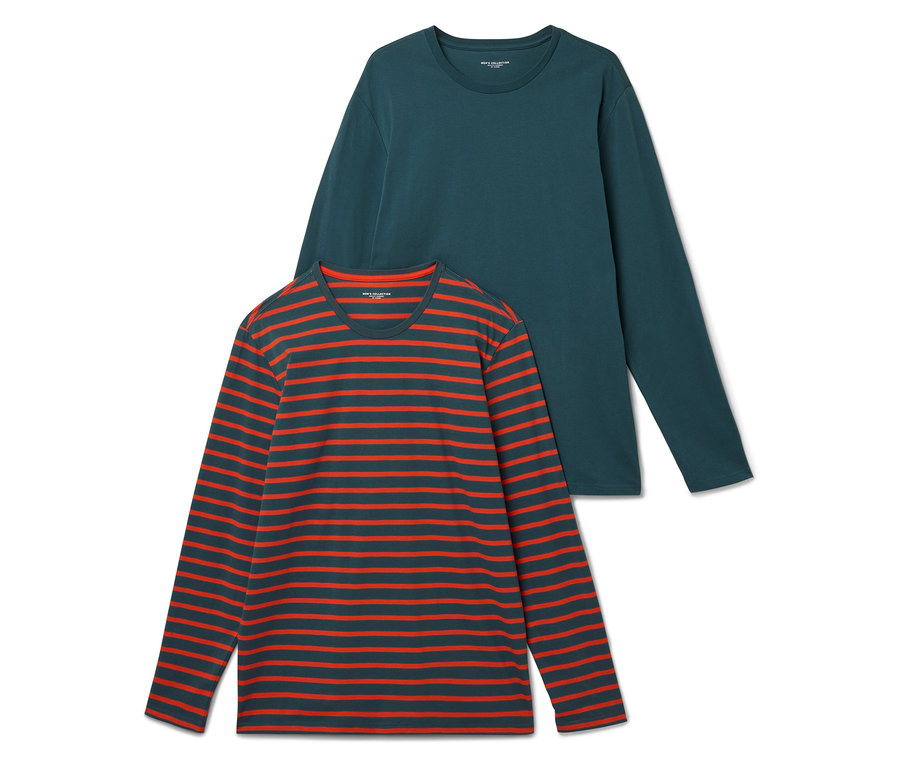 Dvě trička s dlouhým rukávem: jedno zelené a jedno s červenými pruhy na tmavě šedém pozadí.