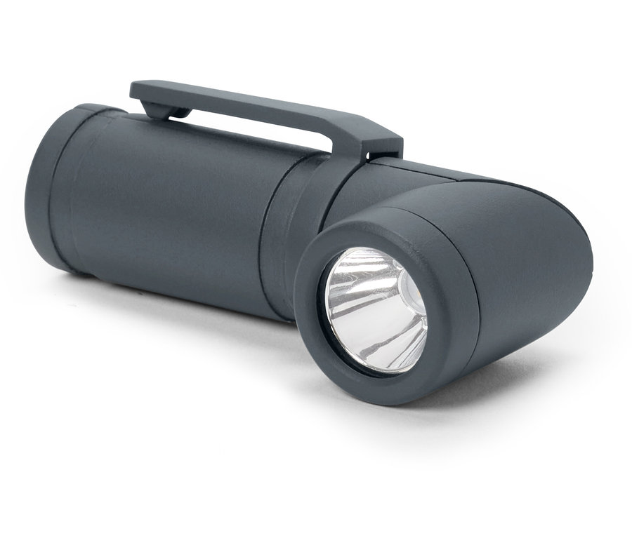 Detail šedé 2-v-1 LED multifunkční svítilny na bílém pozadí.