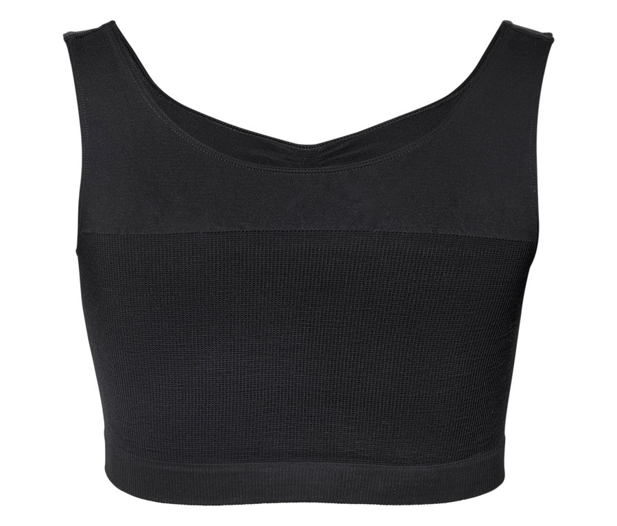Černý sportovní top bez rukávů, zobrazený zepředu.