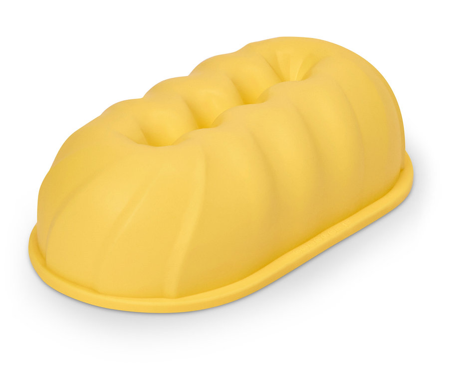 Žlutá, podlouhlá forma na pečení s žebrovaným vrchem.