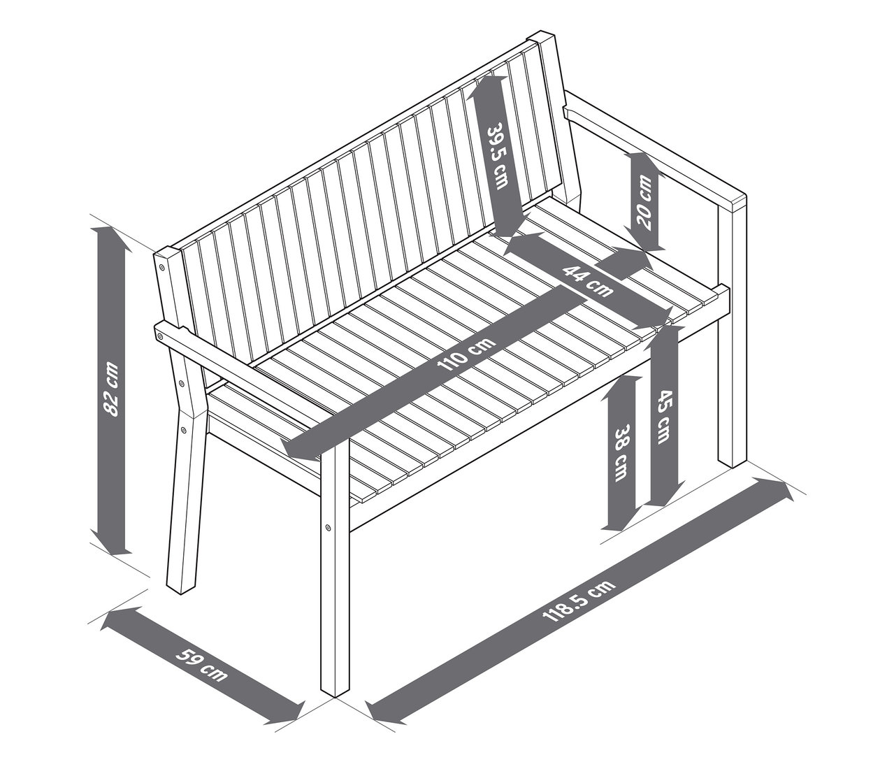 Ilustrace zahradní lavice, cca 120 cm, s rozměry.