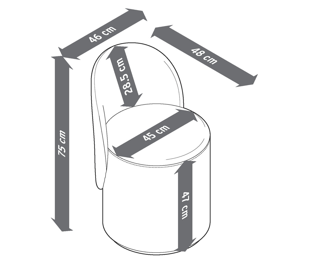 Obrázek otočné židle s opěradlem a rozměry.