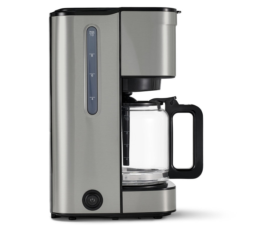Překapávač na kávu »Let's Brew Elegant«, stříbrný. Kávovar má skleněnou konvici.