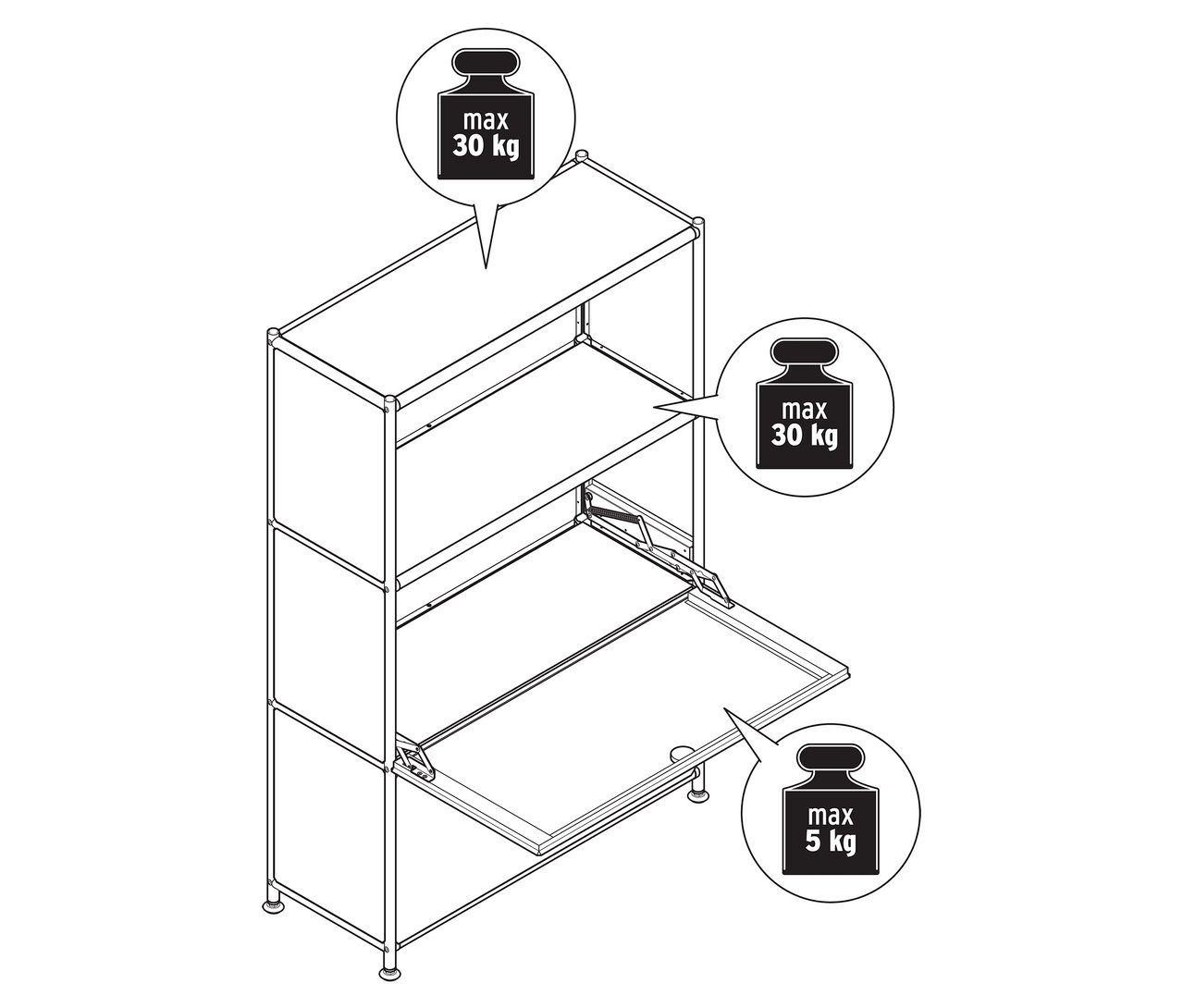 Pohled shora na kovovou komodu »CN3 Slim Line« se 2 výklopnými přihrádkami, z nichž jedna je otevřená.