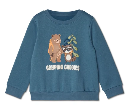 Modrá mikina s potiskem medvěda s batohem, mývala se slunečními brýlemi a nápisem "Camping Buddies".