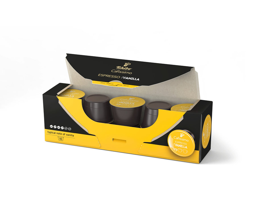Otevřené, černo-žluté balení Cafissimo Flavoured Espresso – Vanilla – 10 kapslí.
