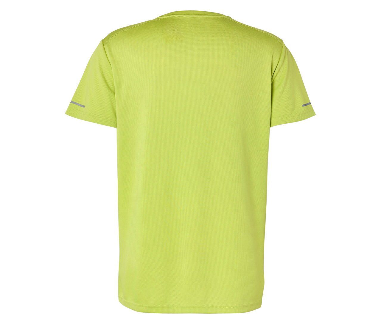 Pohled zezadu na světle zelené tričko s krátkým rukávem s reflexními proužky na rukávech.