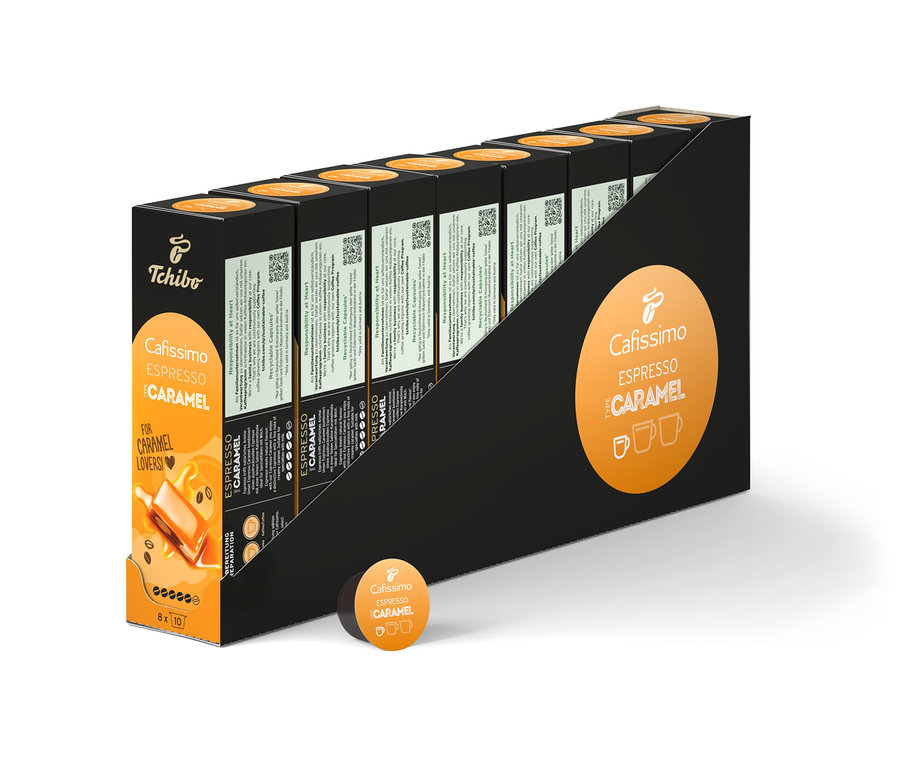 Balení kapslí Cafissimo Espresso Caramel, 80 kapslí v černobílém obalu.
