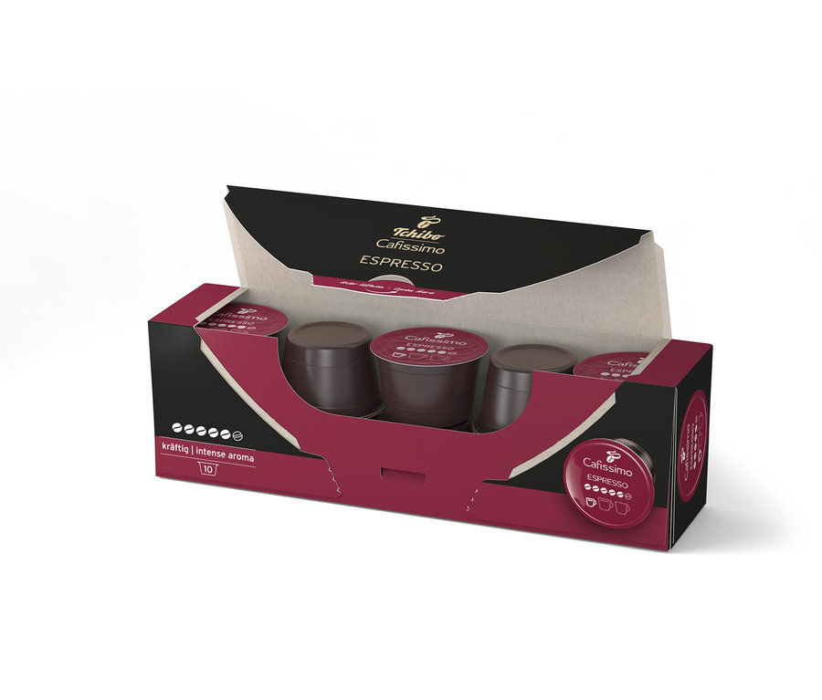 Otevřené balení kapslí Cafissimo Espresso. V balení je vidět několik kapslí.