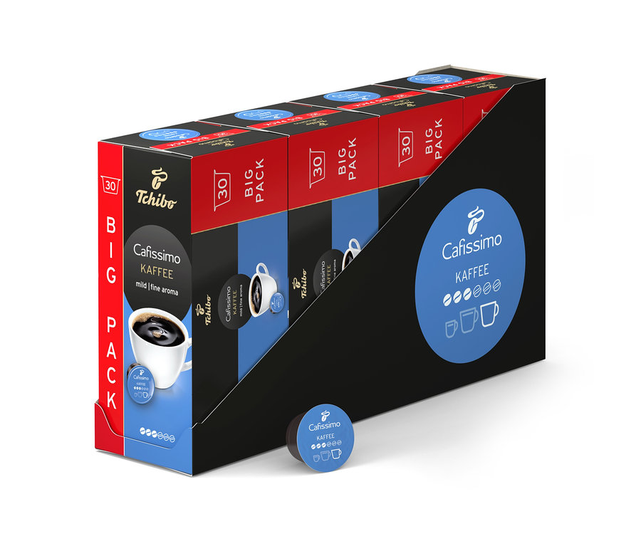 Na displeji je pět balení Cafissimo Kaffee. Vpředu leží jedna kapsle.