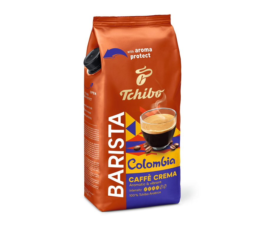 Je vidět balení zrnkové kávy BARISTA Origins Colombia − 1 kg s ochranou aroma a logem Tchibo.