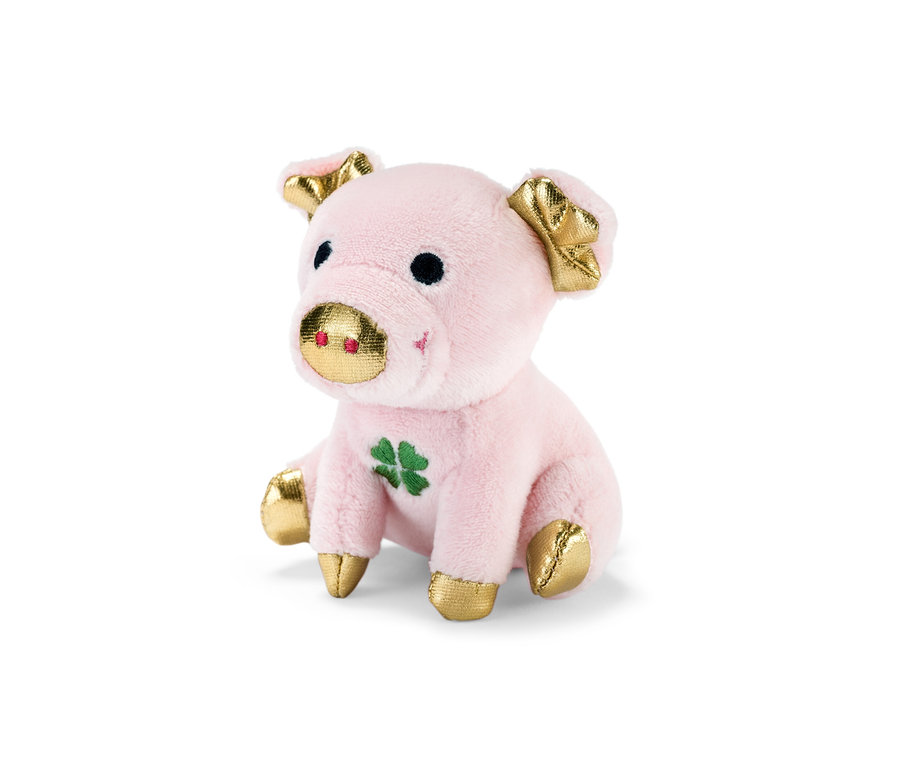 Sedící plyšové chrochtající prasátko pro štěstí s černýma očima, zlatým čumákem a detaily.
