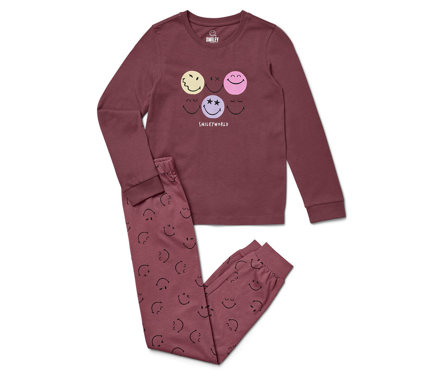 Vínové pyžamo s dlouhým rukávem a kalhotami s potiskem smajlíků.