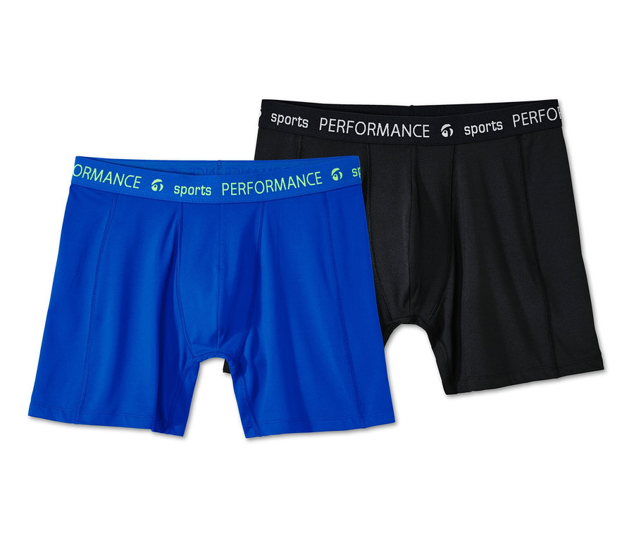 Dvoje sportovní boxerky: modré a černé. Mají elastický pas s nápisem sports PERFORMANCE.
