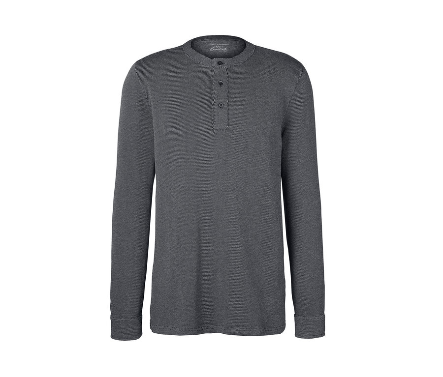 Šedé žakárové triko henley s dlouhými rukávy a třemi knoflíky.