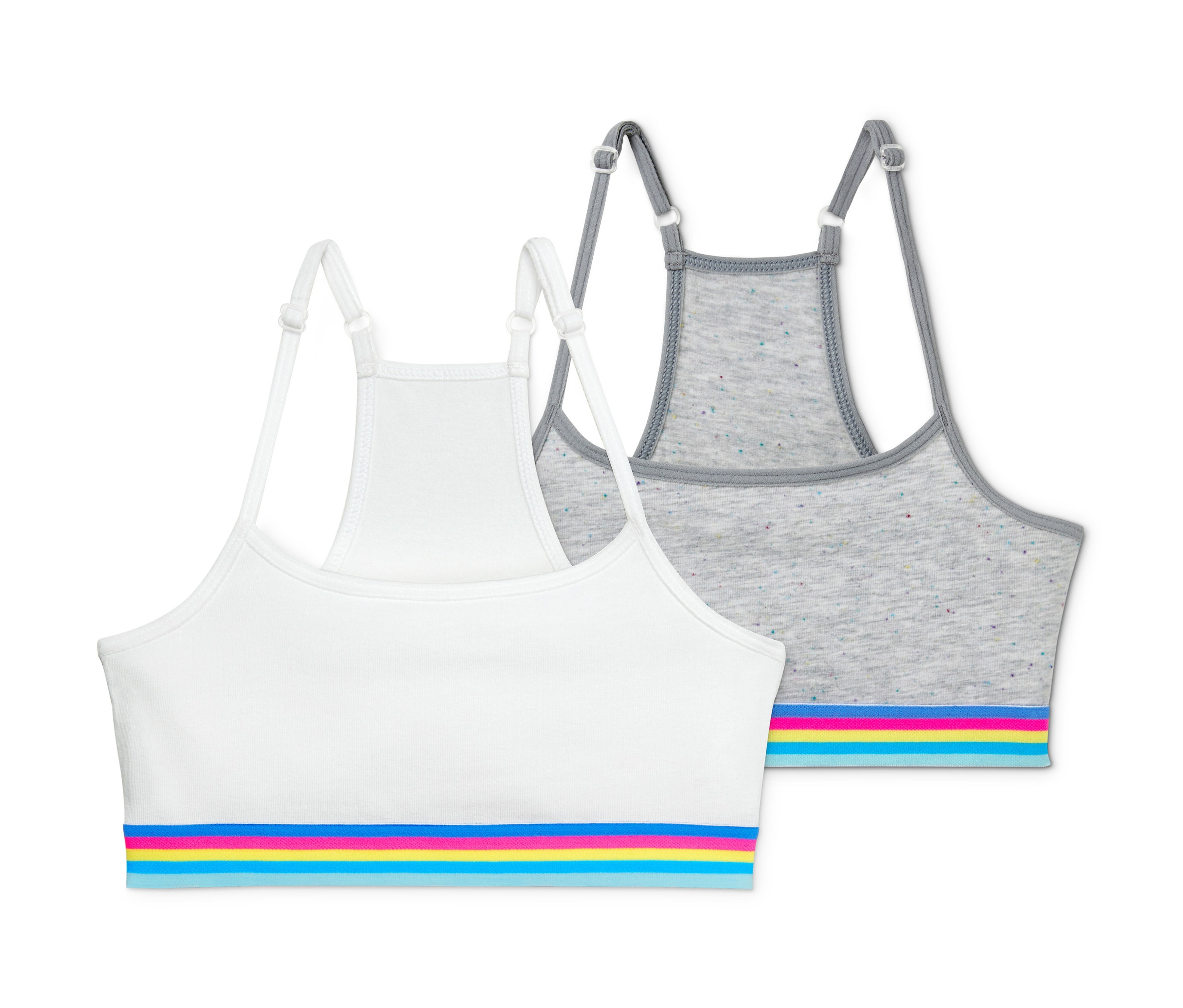 Dívčí podprsenky, 2 ks, bílá a šedá, s barevnými pruhy.
