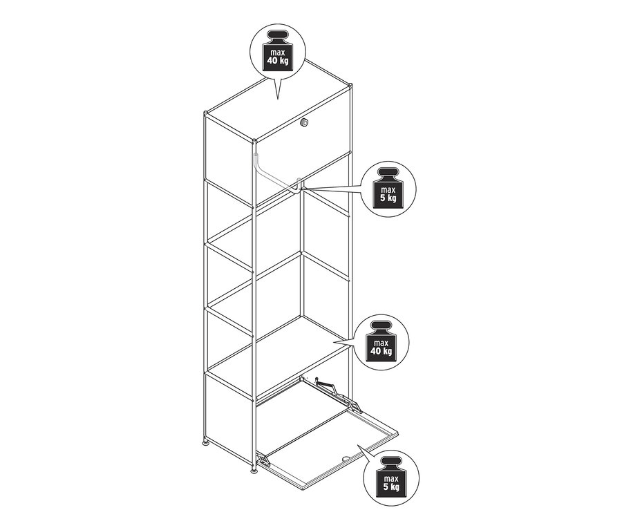 Nákres kovového věšáku na šaty CN3 s otevřenou spodní skříňkou a váhovými limity.