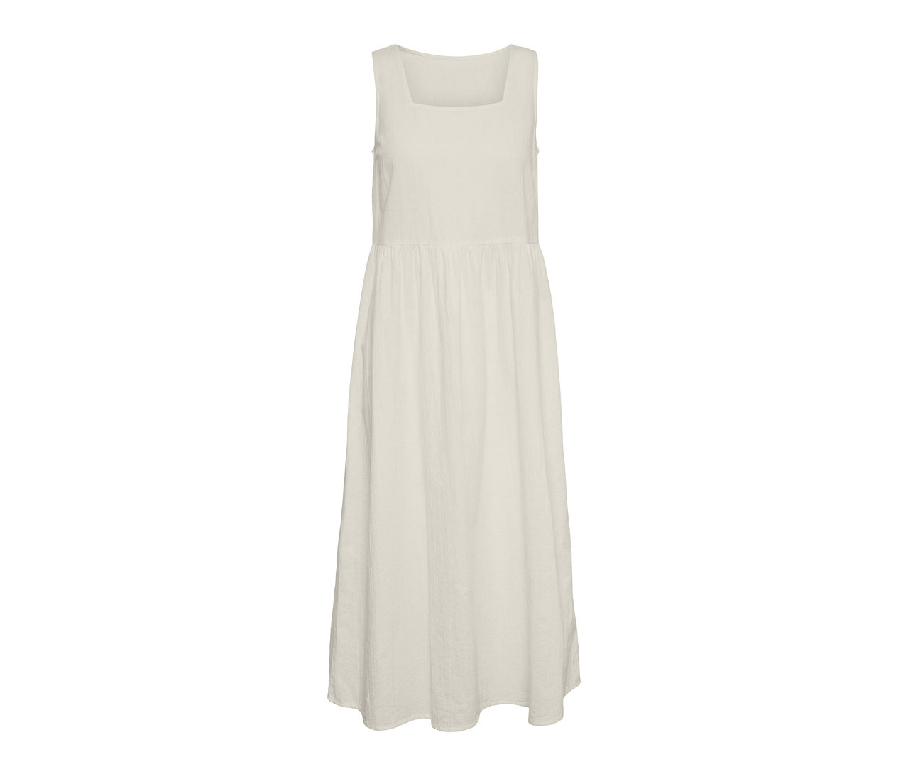 Krémové midi šaty se širokými ramínky.