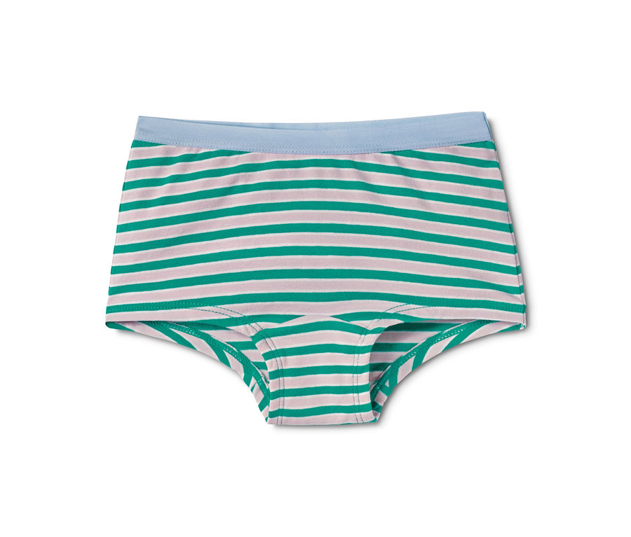 Jedny kalhotky se zelenými a bílorůžovými vodorovnými pruhy a světle modrým pasem.