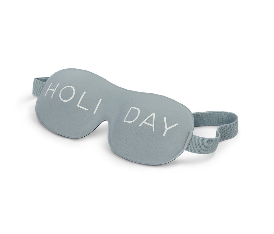 Modrá 3D maska na spaní s nápisem Holiday.