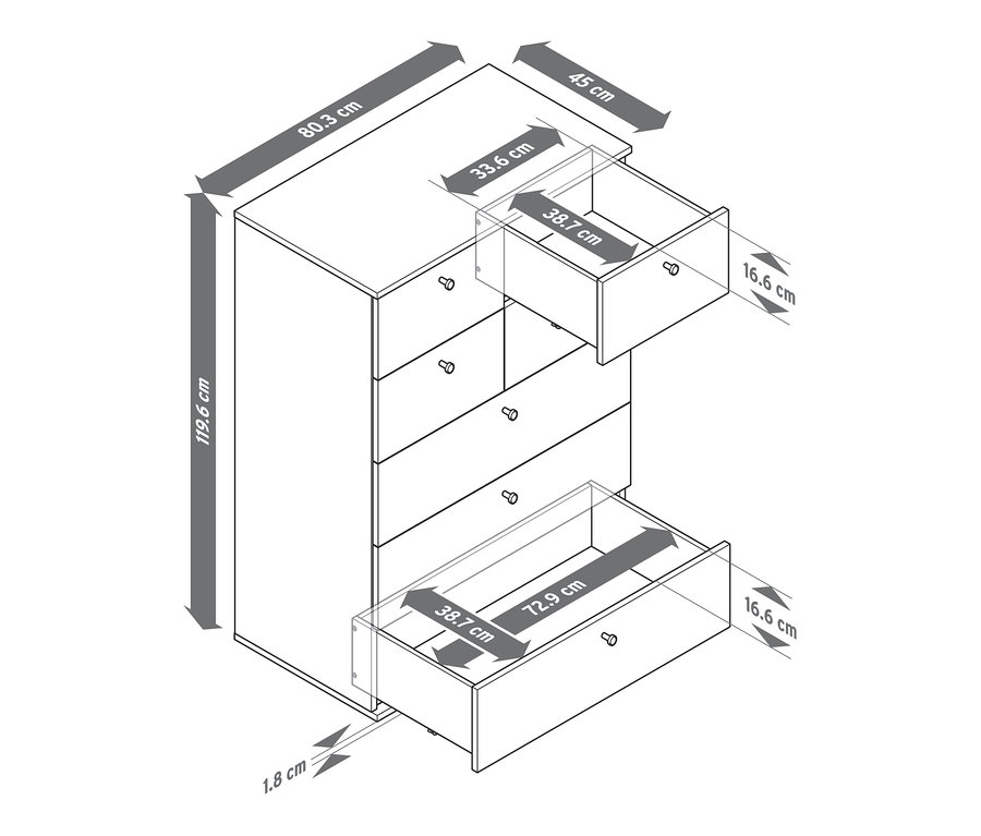 Diagram skříně se šesti zásuvkami, přičemž jedna je otevřená a zobrazuje vnitřní rozměry.