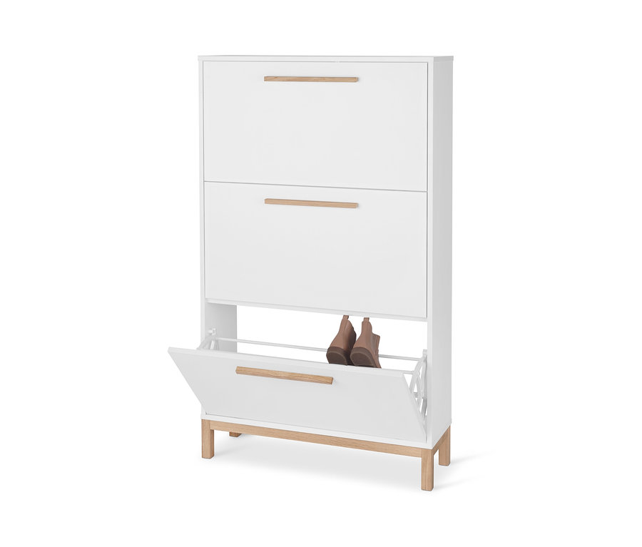 Bílý botník »Eklund« se 3 výklopnými přihrádkami, v jedné hnědé boty.