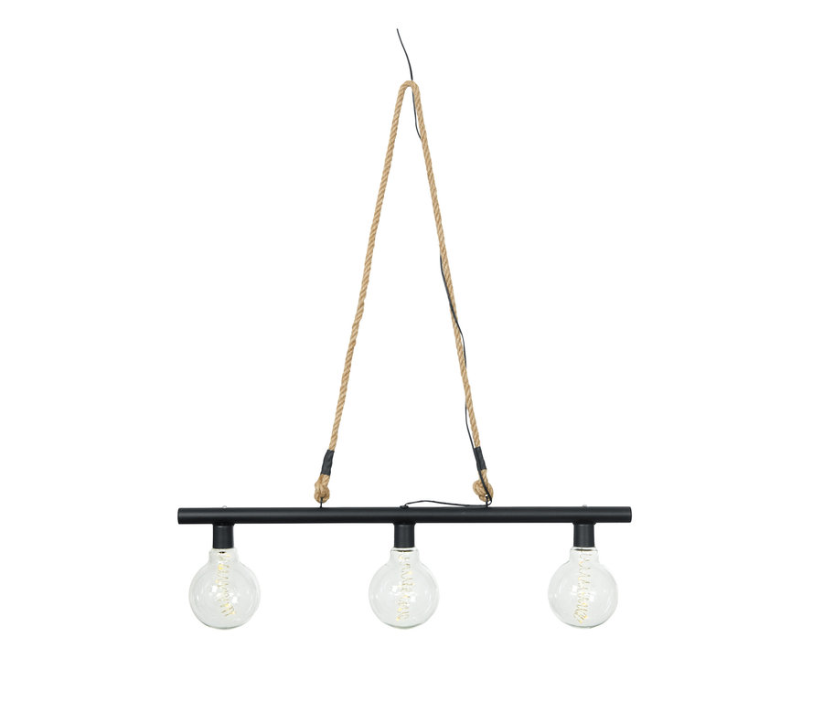 Černé solární závěsné svítidlo se třemi žárovkami visí na laně.
