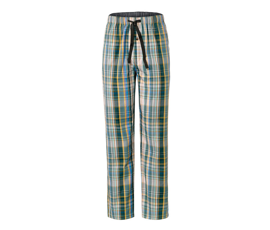 Pohodlné kalhoty s kostkovaným vzorem a černou stahovací šňůrkou.