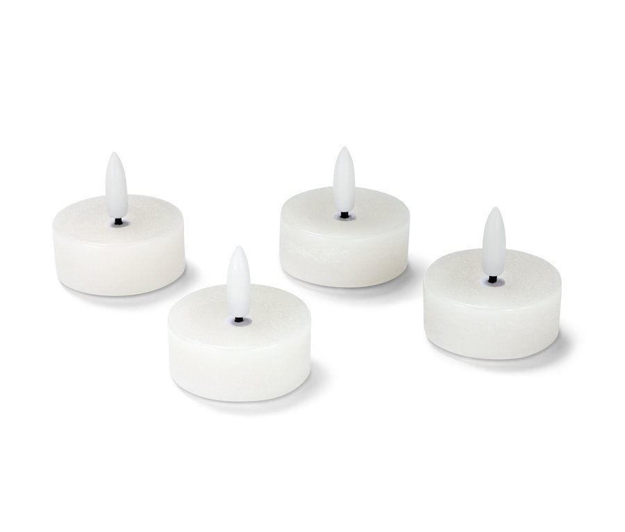 Čtyři bílé LED čajové svíčky z pravého vosku.