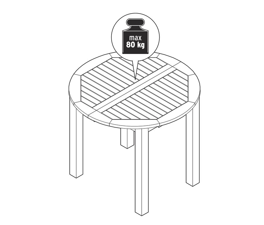 Ilustrace kulatého rozkládacího stolu s maximální nosností 80 kg.