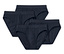 Čtyři kusy tmavě modrých slipů, uspořádané na bílém pozadí.