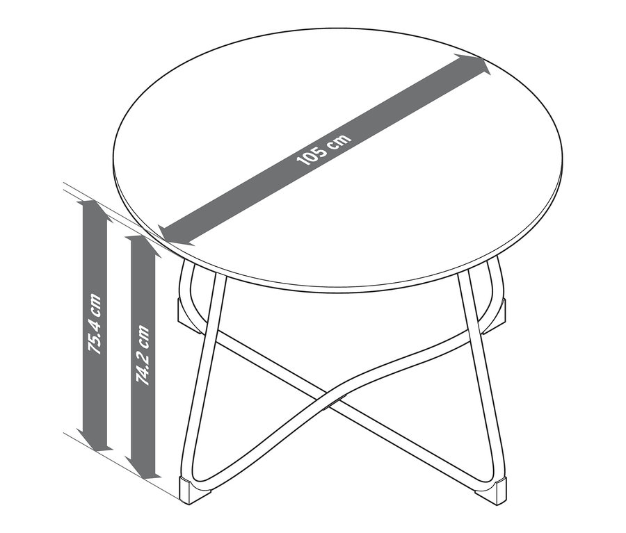 Nákres kulatého zahradního stolu »Jara« s materiálem Duraboard a rozměry.