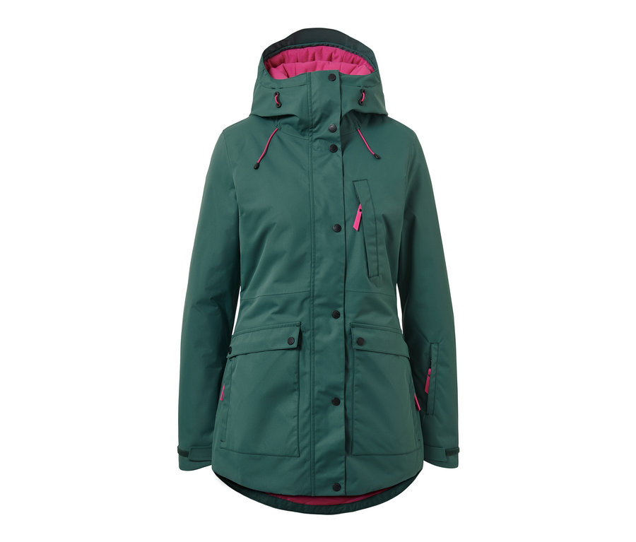 Zelená lyžařská a snowboardová bunda s kapucí a růžovou podšívkou.