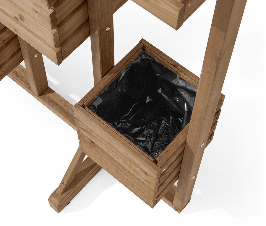 Detail dřevěné stěny na živé rostliny »Tinus« s jedním z osmi truhlíků s černou vložkou.