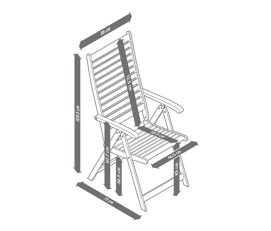 Nákres vysokého teakového křesla s nastavitelným opěradlem a vyznačenými rozměry.