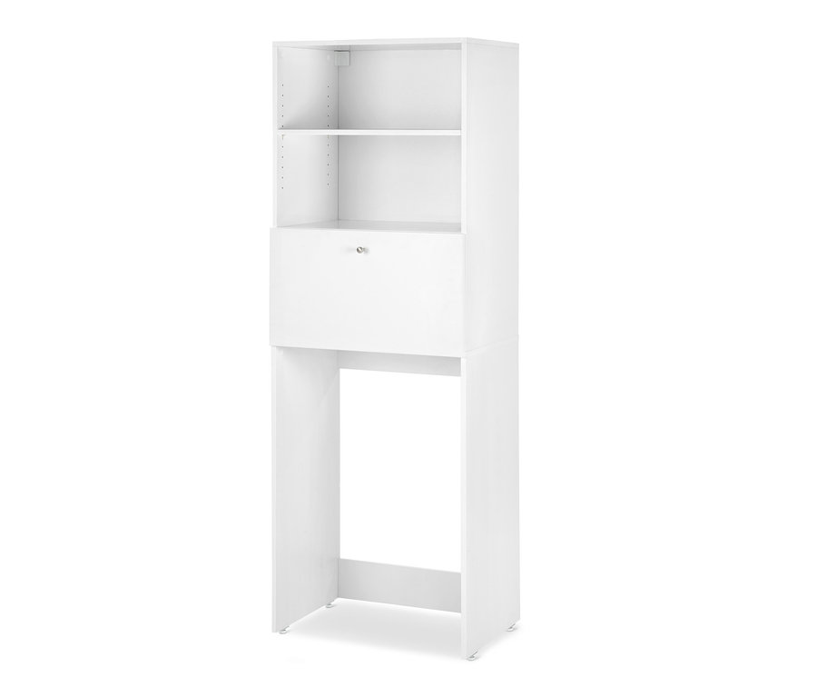 Bílá skříňka na pračku s výklopnou pracovní deskou.