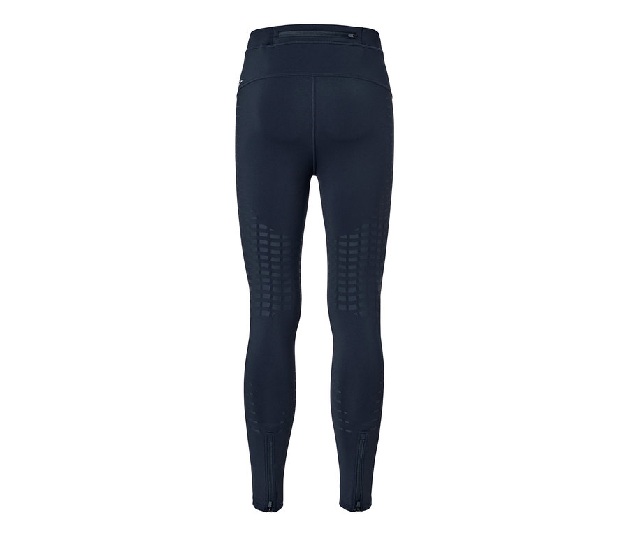 Tmavě modré běžecké legíny zezadu s geometrickým vzorem a zipy na kotnících.