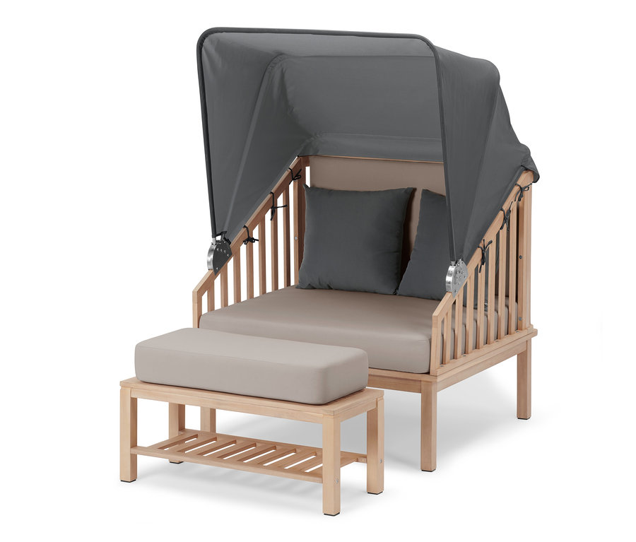 Prémiový plážový koš se stříškou proti slunci a podnožkou.