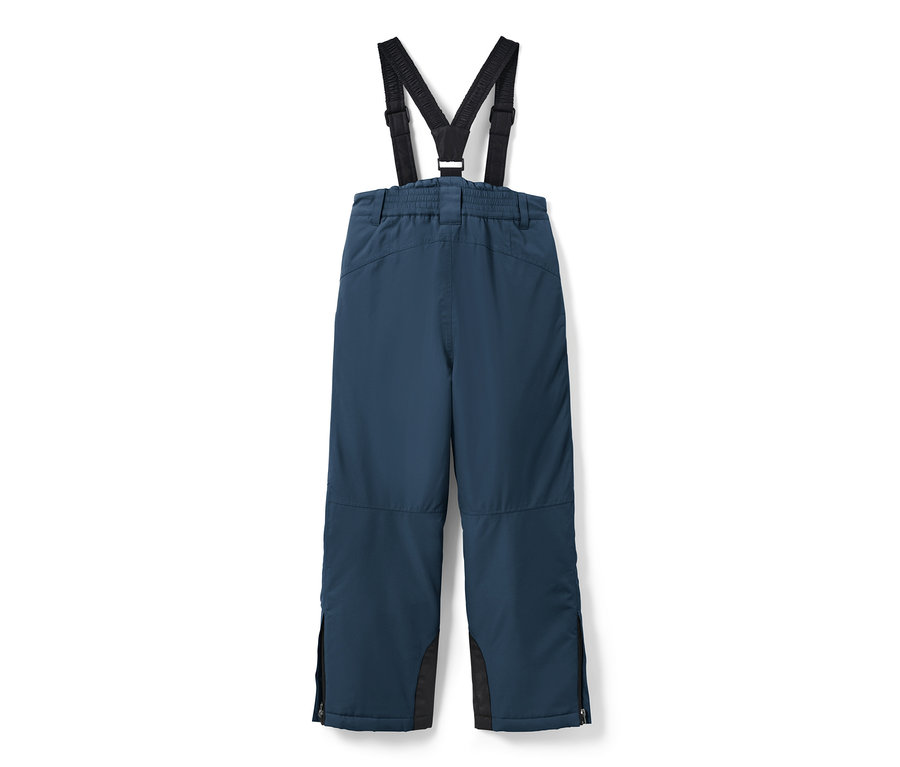 Námořnické modré dětské lyžařské kalhoty s černými nastavitelnými popruhy.