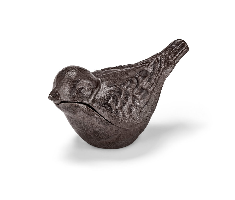 Hnědá skrýš na klíče ve tvaru ptáka.