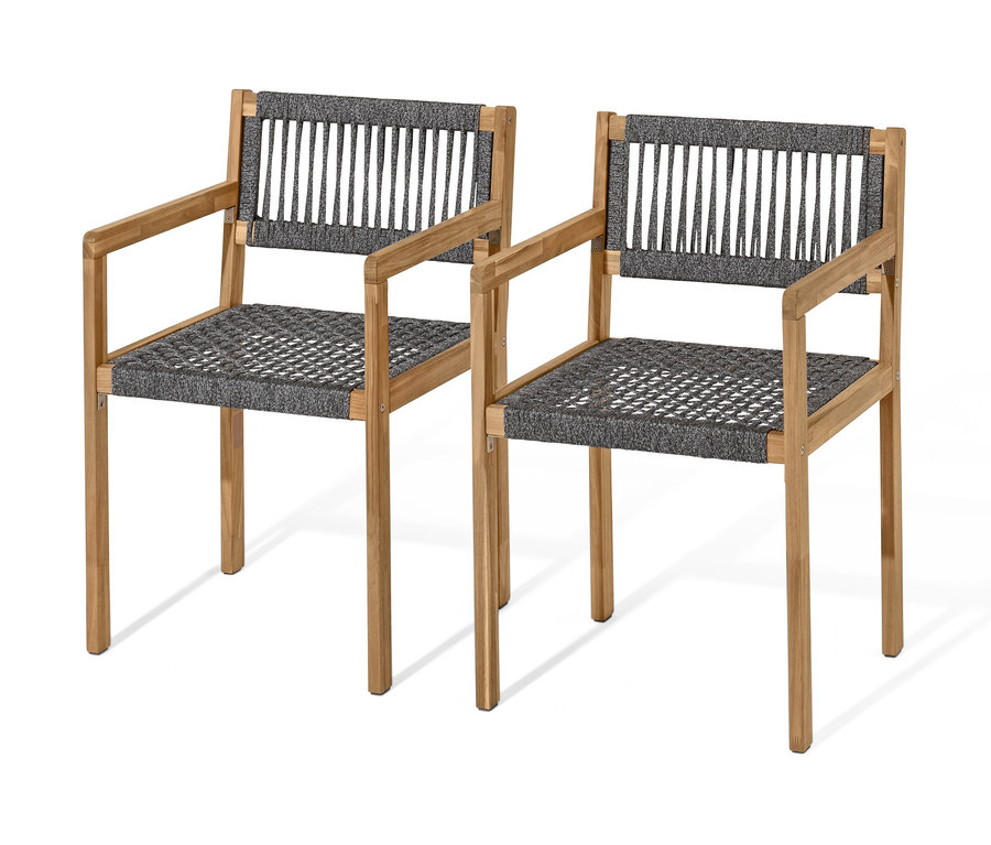 Dvě židle z balkónové soupravy s textilním výpletem.