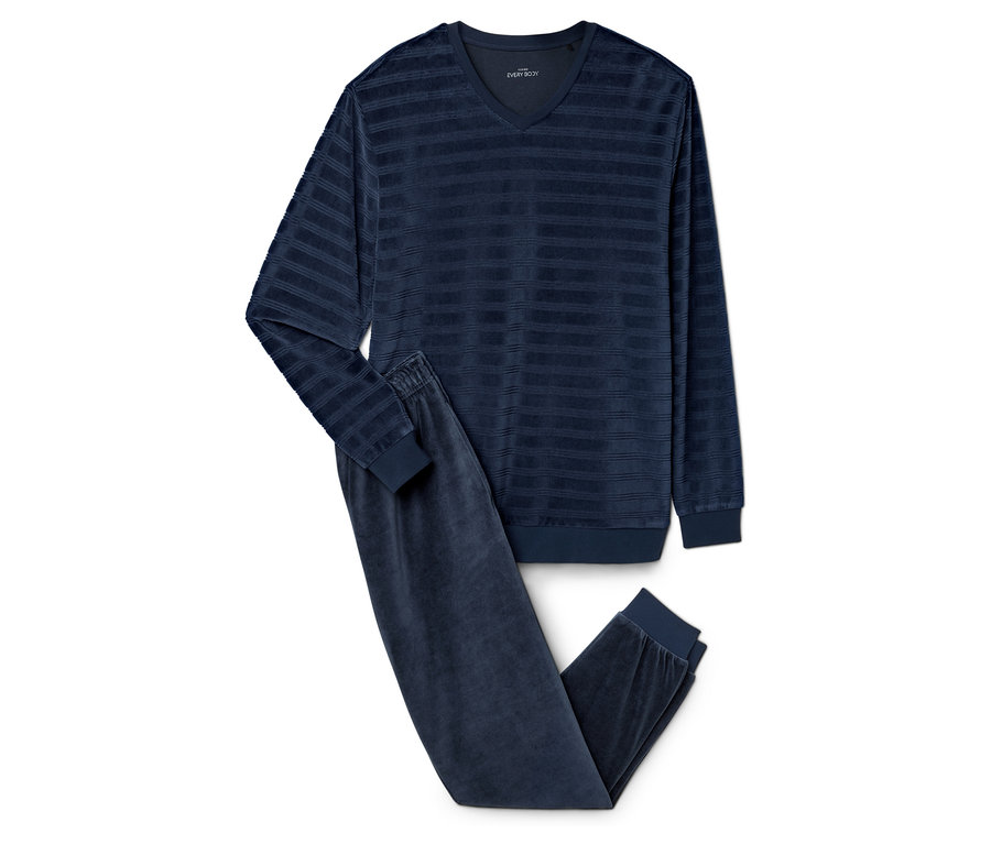 Modré pruhované pyžamo s dlouhým rukávem a kalhotami leží na bílém pozadí.