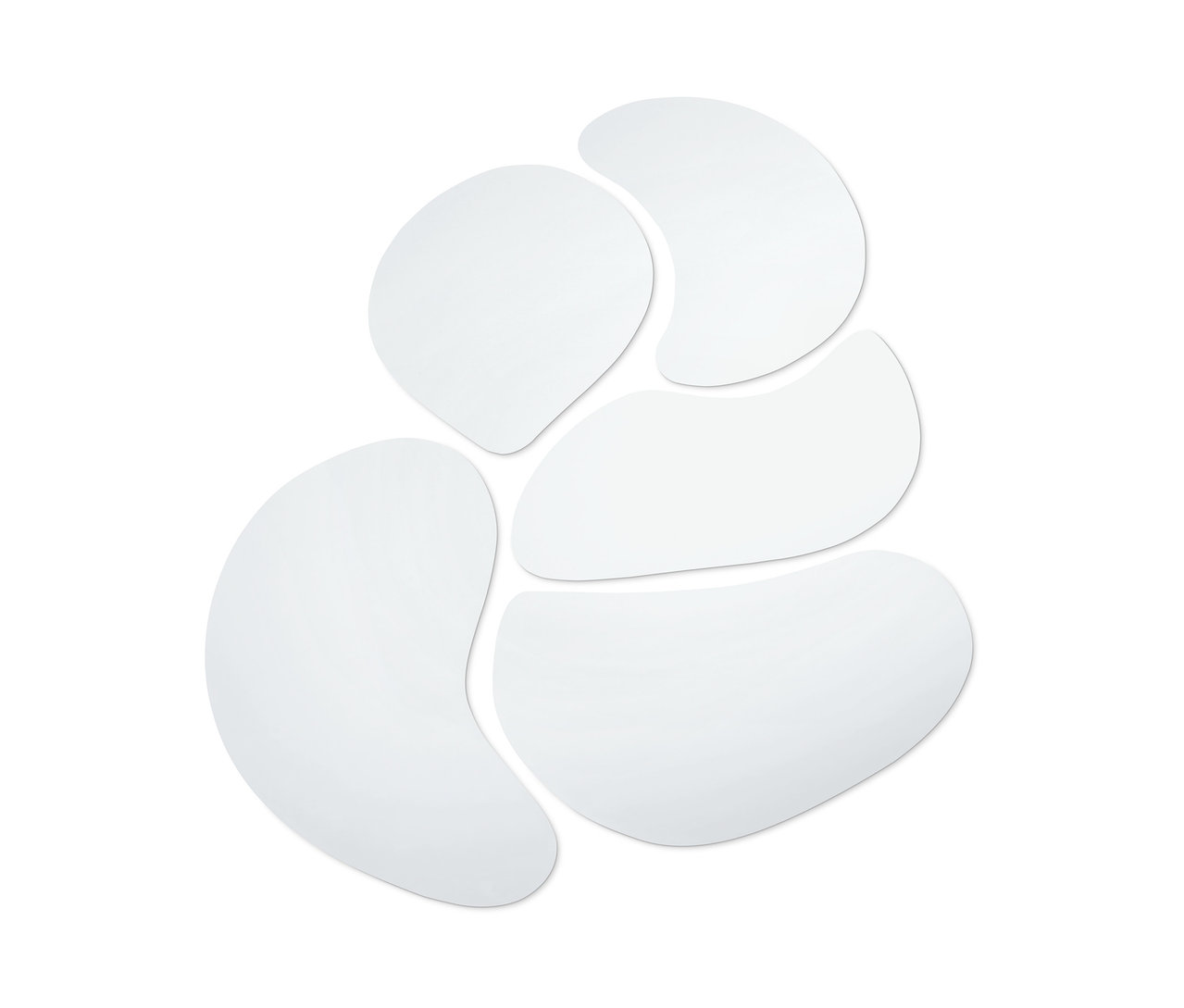 Pět samolepicích zrcadlových nálepek různých tvarů na bílém pozadí.