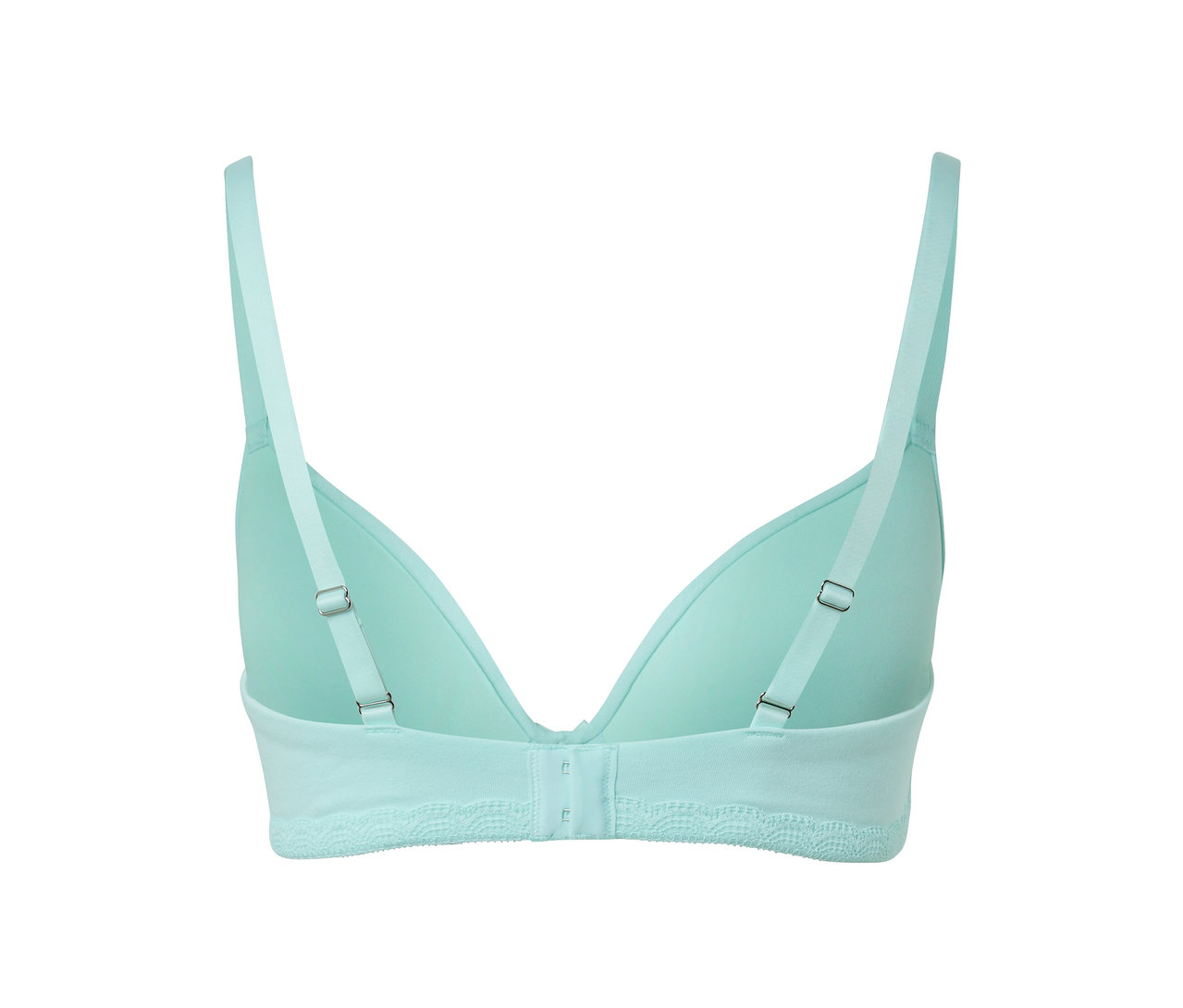 Modrozelená podprsenka s měkkými košíčky, pohled zezadu.