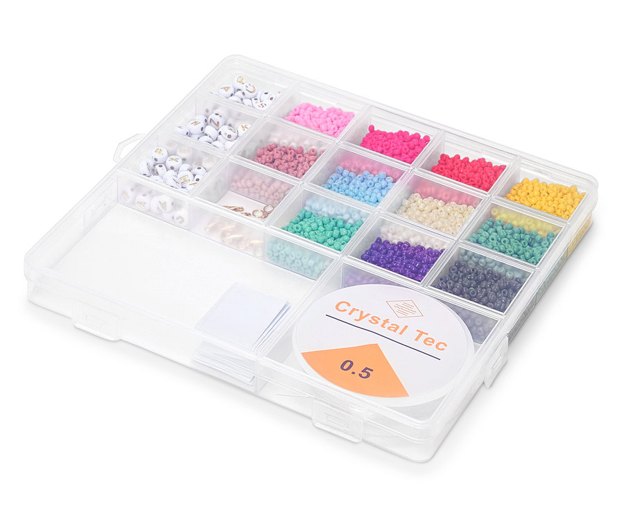DIY-Perlen-Set v průhledném plastovém organizéru.